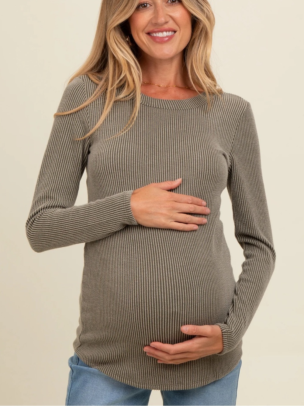 Olive Ribbed Scoop Neck Long Sleeve Maternity Top